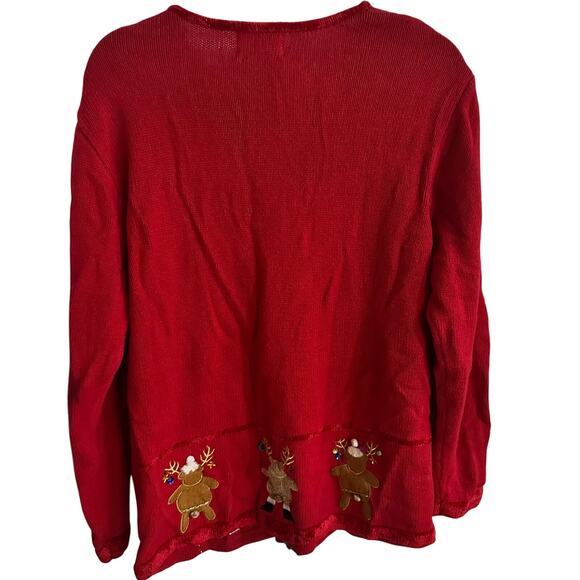 The Quaker Factory Christmas cardigan sweater Red Reindeer Large vintage 1990s - Picture 9 of 11